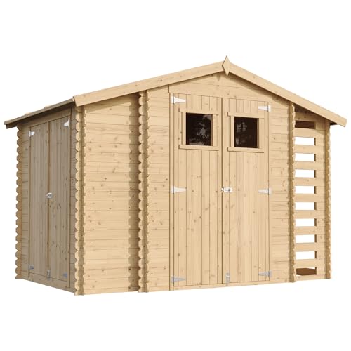 Holzhaus Gartenhaus mit Brennholzschuppen TIMBELA M389 - Gartenschuppen Holz B328xL206xH218 cm/ 3,53 + 0,97 + 0,97 m2 Lagerschuppen für Garten - Fahrrad Schuppen - Wasserfestes Dach von TIMBELA