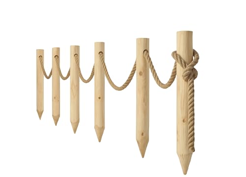 TIMBERMIK Holzzaun 6x Holzpfosten Ø8 x 120cm + 12m Juteseil Staketenzaun Gartenzaun Zaunelemente Garten Holz Nicht Imprägniert von TIMBERMIK