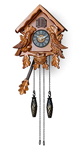 TIMEGEAR Kuckucksuhr mit Nachtmodus, singender Vogel, Holzdekorationen und schwingendes Pendel (braun) von TIMEGEAR