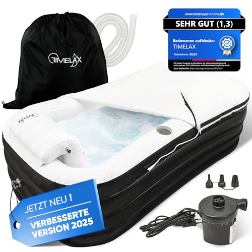 TIMELAX® Badewanne Aufblasbar [Ergonomische Rückenlehne] 0,5mm starkes PVC | BPA Frei Faltbare Mobile Freistehende Aufblasbare Badewanne für Erwachsene und Dusche Bathtub von TIMELAX