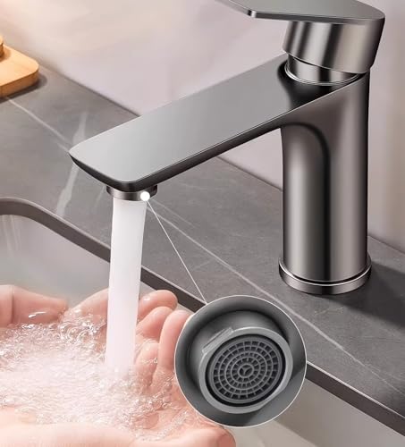 Edelstahl-Waschtischarmatur für Zuhause – Kalt- und Warmwasser-Waschtischarmatur mit 2 Stück 80 cm explosionsgeschützten Schläuchen, korrosionsbeständig, perfekt für Waschbecken/Waschbecken (Grau) von TIMENIL