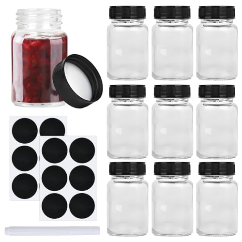 TIMESETL 10 Stück 60ml Kleine Glasflaschen zum Befüllen, Ingwer Shots Flaschen, Shotgläser mit Deckel Mehrweg Breiter Mund Ginger Shot Bottles, Mini Shot Glasflaschen mit Deckel, Etiketten und Stift von TIMESETL
