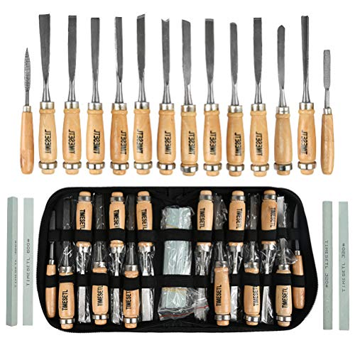 TIMESETL 14Stück Hohlbeitel Stechbeitel Meißel Set, Stechbeitelsatz Holzschnitzerei Hand Meißel Werkzeug Holzbearbeitung Meißel Set mit 4St. Schleifsteine Beutel für Profis und Anfänger DIY Holz Craft von TIMESETL