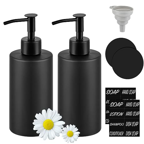 Seifenspender Schwarz Matt TIMESETL 2er Seifenspender Glas 350ml Glasflaschen mit Edelstahl Pumpe zum Befüllen Seifenflasche Schwarz Glas Shampoo Flaschen Glas mit Untersetzer, Trichter, Stickern von TIMESETL