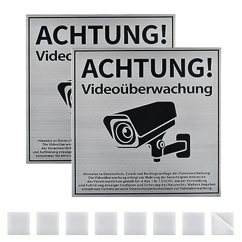 TIMESETL 2er Schild Videoüberwachung 15x15cm Aluminium Achtung Videoüberwachung Schild, 3mm Kameraüberwachungsschilder Überwachungsschilder Kameraüberwachung Warnschild mit 8 Aufklebern von TIMESETL