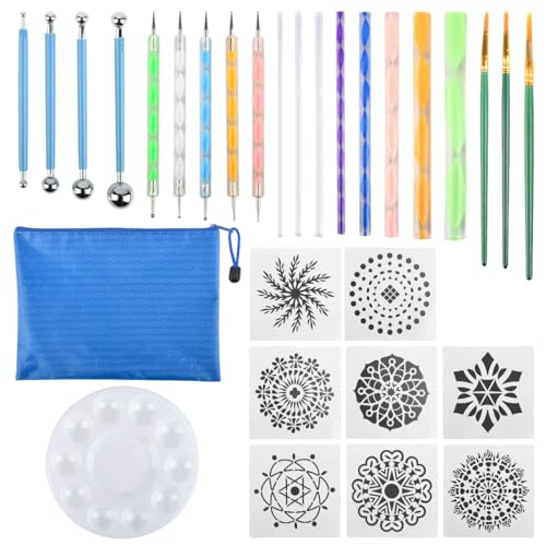 TIMESETL 30 Stück Mandala Dotting Tool Set, Mandala Rock Punktierungs Werkzeug, Dot Painting Werkzeug, Schablone, Palette, Punktierstifte, Acrylstäbe, für Painting Stones, Nail Art Dotting Tools von TIMESETL