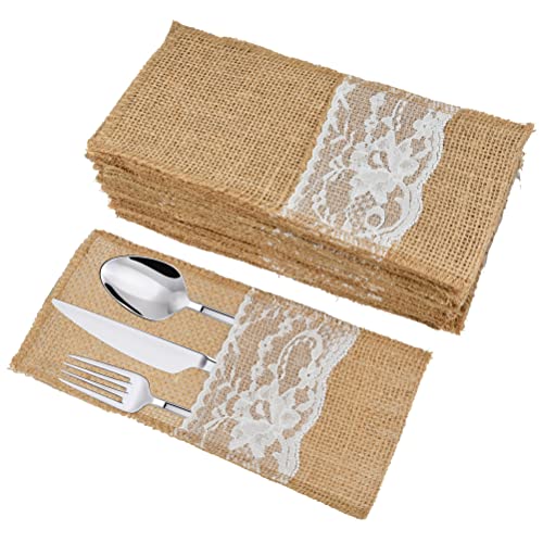 TIMESETL 40Stück Bestecktasche Jute Besteckbeutel, Besteckhalter aus Sackleinen, Vintage Bestecktaschen mit Spitze Hochzeitsdeko Tischdeko für Hochzeit Party Restaurant von TIMESETL