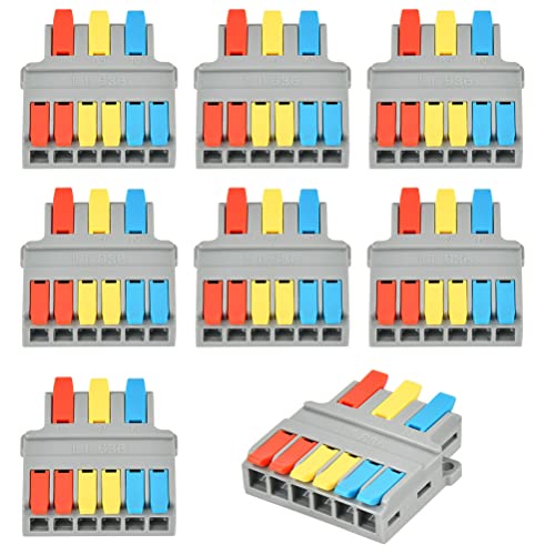 TIMESETL 8er Klemmen Set Verteilerklemme, 3 in 6 Raus Verbindungsklemme mit Hebel, Leiter-Kabelverbinder Draht Push Kabelverbinder, Kompakt Steckklemmen geeigenet für 0.5-6.0 mm² Draht von TIMESETL