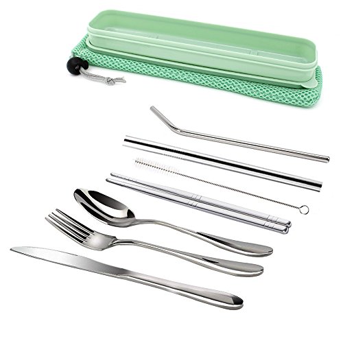 TIMGOU Portable 7 Stück Besteck Set, Wiederverwendbare 304 Edelstahl Gabel, Messer, Löffel, Stäbchen, Saft Stroh, Smoothie Stroh und Reinigungsbürste, Durable Travel Besteck-Grün von TIMGOU