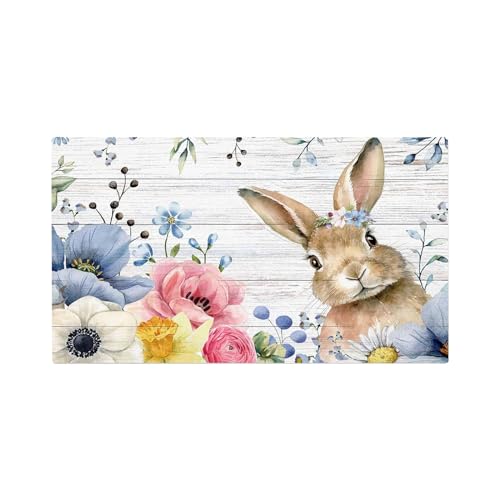 Blumen Hasen Frohe Ostern Fußmatte 40 x 60 cm Happy Easter Fußmatten, Willkommensmatten Ostern Osterhasen-Fußmatte für Küche Badezimmer, Bodentürmatte, Rutschfest Hause Dekoration (A-C, One Size) von TIMIYUYU