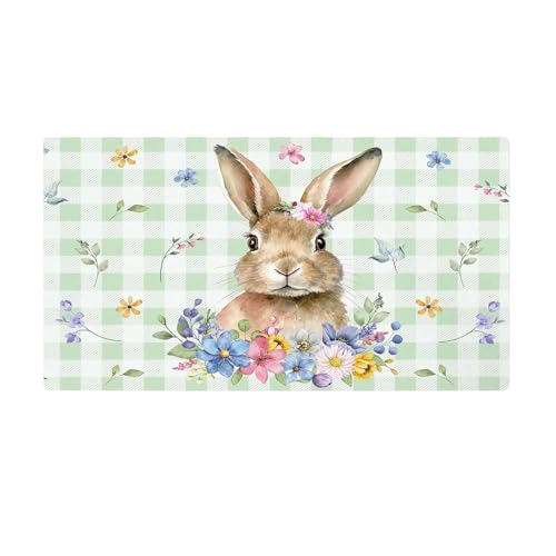 Blumen Hasen Frohe Ostern Fußmatte 40 x 60 cm Happy Easter Fußmatten, Willkommensmatten Ostern Osterhasen-Fußmatte für Küche Badezimmer, Bodentürmatte, Rutschfest Hause Dekoration (B-C, One Size) von TIMIYUYU