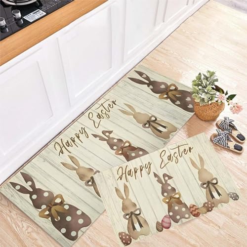 Hasen Ostern Küchenteppich 2er Set, Dekorative Küche Bodenmatte Waschbar Dekoration Küchenmatten für Innen Außen Dekor, Fußmatte Haustürmatte Osterteppich für Zuhause, Badezimmer, (2-Brown, One Size) von TIMIYUYU