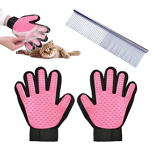 TIMJJG 1 Paar rosa Haarentfernungshandschuhe mit 1 Edelstahl-Pflegekamm, Haustier-Streuhaarentfernungshandschuhe, Haustier-Massage-Haarentfernungshandschuhe, geeignet für Kätzchen und Hunde TIMJJG 1 Paar rosa Haarentfernungshandschuhe mit 1 Edelstahl-Pflegekamm, Haustier-Streuhaarentfernungshandschuhe, Haustier-Massage-Haarentfernungshandschuhe, geeignet für Kätzchen und Hunde von TIMJJG