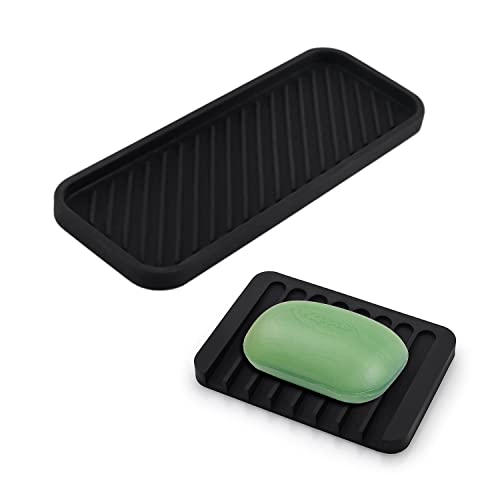TIMJJG 1 stück Schwarze Silikon-Abflussmatte, mit 1 schwarzem Seifenhalter, einfachem Silikon Sponge Holder, rutschfestem Spülbeckenmanager für die Küche, gelten für Brushes, Soap usw. von TIMJJG