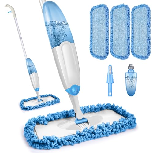 Bodenwischer mit Sprühfunktion, TINA&TONY Wischmopp mit Sprühfunktion mit 435ml Wassertank, Sprühwischer Bodenwischer mit 3 Waschbaren Mikrofaser Pads, Blau Wischer Boden Spray Mop für Laminat von TINA&TONY