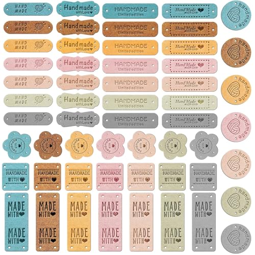 TINA.WIN 56 Handgefertigte Zum AnnäHen Label, Stoffetiketten, Handgefertigte Etiketten Aus Stoff, Smiley-Etiketten, Pu-Leder, Mit LöChern Lederetiketten,8 Stile von TINA.WIN