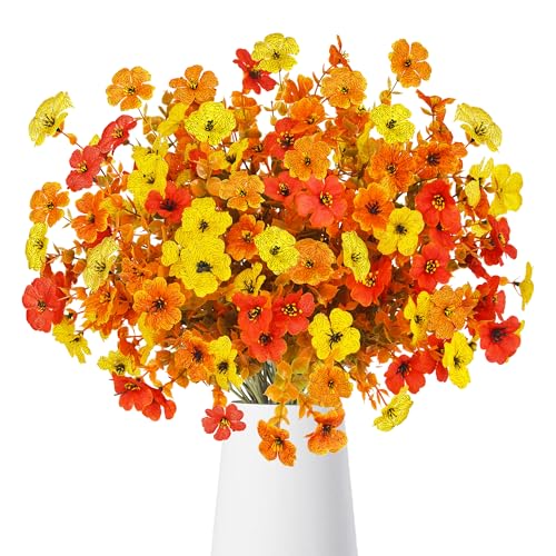 TINA Herbstblumen Künstlich Eukalyptus Deko 6 Bündel künstliche Blumen Herbst Blumen Künstlich Herbststrauß Kunstblumen Herbst Herbstdeko Herbstzweige Orange für Drinnen Draußen Balkon Garten Tisch von TINA