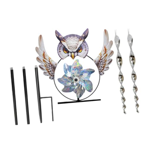 TINEASUR Metall Vogel Windmühle Gartendeko Windspiel mit Eulenmotiv Vogelabwehr Gartenstecker Windrad für Balkon und Außenbereich Installieren Doppelte Funktion als und Dekoration von TINEASUR