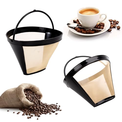 Kaffeefilter Wiederverwendbar Kaffeefilter Edelstahl Kaffee Dauerfilter Größe 4 100 Mesh Waschbar mit Griff für 8-12 Tassen Kaffee Golden 2 Stücke von TINGJS