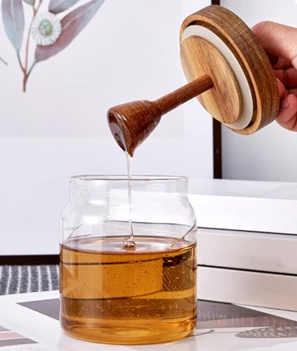 TINGJUNN Honigglas aus Glas mit Holzschaufel und Deckel, 473 ml, Honigglas für Zuhause, Küche, Aufbewahrung von Honigsirup, Bienenstockhonig von TINGJUNN