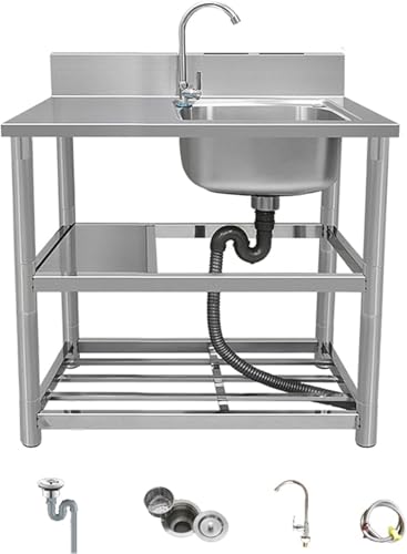 TINGMIAN Edelstahl-Küchenspüle, Einzelbecken mit Werkbank und Aufbewahrungsregal für Waschküche, Bauernhaus, Innen- und Außenbereich (B,90 cm) von TINGMIAN