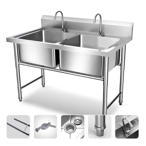 TINGMIAN Große Doppelspüle mit 2 Fächern, freistehend, Edelstahl, für Restaurant, Waschküche, Garage (120 x 69,8 x 80 cm) von TINGMIAN