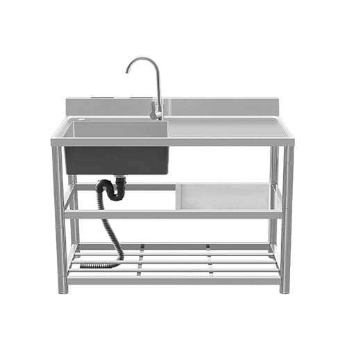 TINGMIAN Großes Einzelbecken-Spülbecken Edelstahl Außenbereich mit Warm- Und Kaltwasserhahn Und Abtropfgestell Handwaschstation mit 1 Fach(Right Cold,110x50x80cm) von TINGMIAN