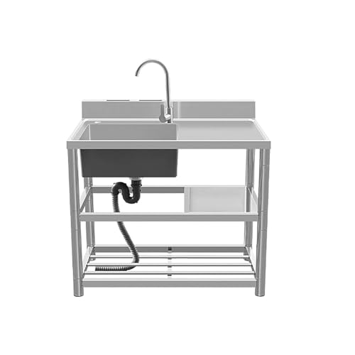 TINGMIAN Großes Einzelbecken-Spülbecken Edelstahl Außenbereich mit Warm- Und Kaltwasserhahn Und Abtropfgestell Handwaschstation mit 1 Fach(Right Cold,80x50x80cm) von TINGMIAN
