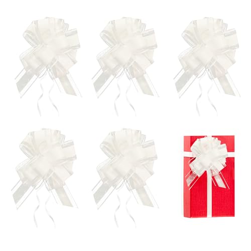 TINGWEN 5 Stück Große Ziehschleife Organza Geschenkschleife Tüten Pull Bow Zugband Polyband Dekoschleife Geschenkschleife Für Auto Dekor Hochzeit New Houses Party Feier Geschenkschleife (Weiß), 0398A von TINGWEN