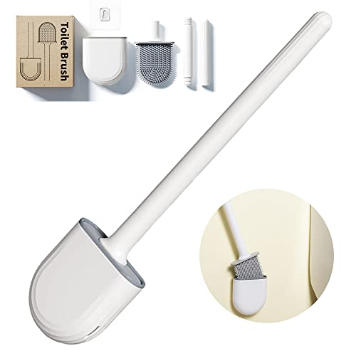 Toilettenbürste Silikon Toilettenbürste Wandmontage WC-Bürste und Behälter Antibakteriell Sauber Ohne Tote Ecken für Badezimmer und Toilette Tiefenreinigung des Toilettenspalts (Crescent White) von TINGWEN