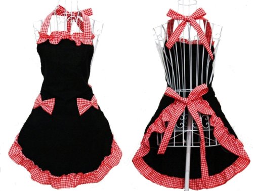 TININNA Vintage Niedlich Süß Ärmellos Schürze Kochschürze Latzschürze Grillschürze Küchenschürze Kochen Schürze Sleeveless Halter-Neck Style schwarz/rot EINWEG Verpackung von TININNA