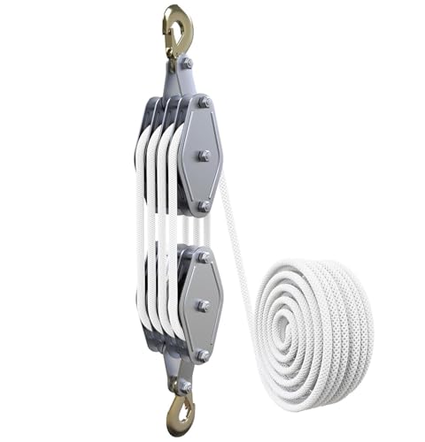 TINMAGI Flaschenzug 4-fach mit 20 m Seil, Seilzug mit Umlenkrolle bis 2.5 m Hubhöhe, Handseilwinde Maximale Kapazität 400 kg, Galvanisierter Stahlhaken-Heberollenblock von TINMAGI