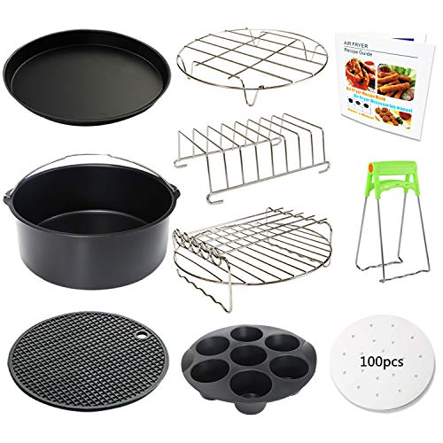 20,3 cm Air Fryer Zubehör Set von 10 Stück für 3,5 Qt-5,8 Qt Phillips Nuwave Gowise Gourmia Ninja Dash Fritteuse mit Egg Bites Form, Pizzablech, Kuchenfass Spieß-Rack, Silikonmatte, Liner von TINMIX