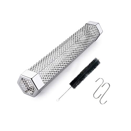 Pellet Smoker Tube Zum Grillen, 12 Zoll Premium Edelstahl BBQ Holz Pellet Tube für Gas Holzkohle Elektrogrill, Sechseckig Mit 2 S-Form Haken und 1 Reinigungsbürste von TINMIX