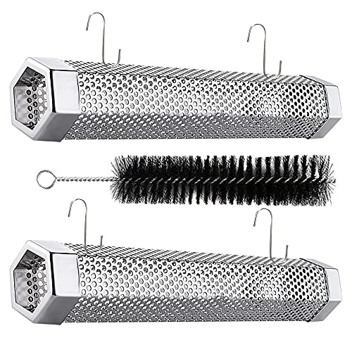 Pellet-Räucherrohr zum Grillen, 12-Zoll-Premium-Edelstahl-BBQ-Holzpelletrohr-Smoker für Gas-Holzkohlegrill, sechseckig mit 2 S-förmigen Haken und 1 Reinigungsbürste von TINMIX