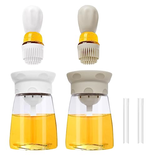 TINMIX 2er Pack Ölspender mit Backpinsel Olivenöl Flasche ölflasche mit silikon pinsel für Backen, Küche, Kochen, Soße, BBQ, Grill, Braten, Weiß und Grau von TINMIX