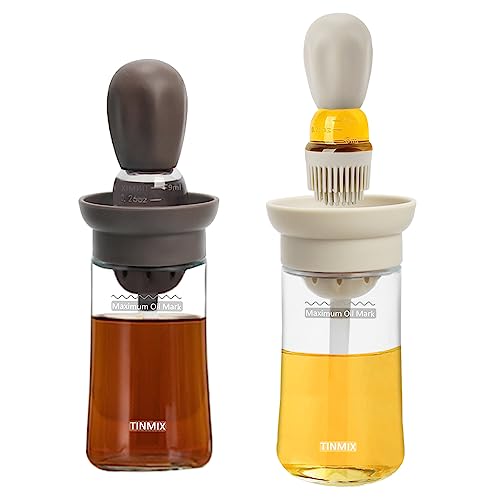 TINMIX Ölspender mit Pinsel 2 in 1 180 ml 2 Packungen Ölspender Flasche für Küche Glasbehälter Silikon Tropfer Olivenöl Spender zum Kochen, Grillen, Backen Eisen (Braun + Grau) von TINMIX