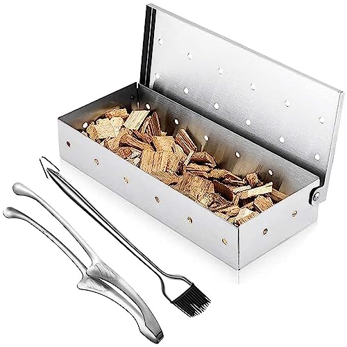 TINMIX Räucherbox zum Grillen von Holzspänen Perforierte Rauchkammer mit Ölbürste aus Edelstahl 304 und Lebensmittelzange Grillzubehör für Holzkohlegrill/Gasgrill BBQ von TINMIX
