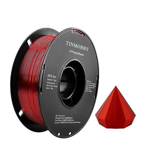 PETG Filament 1.75mm, TINMORRY Verbessert PETG-Eco 3D-Druckmaterialien, Kompatibel mit Bambu FDM 3D Drucker, 1 KG 1 Spule, Transparentes Rot von TINMORRY