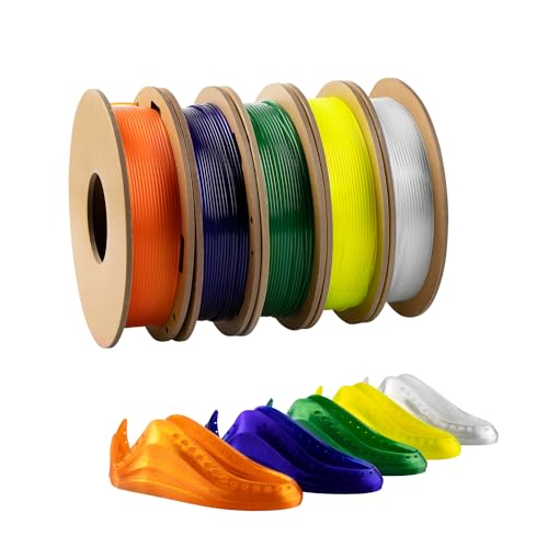TINMORRY TPU Filament 1,75mm Bündel, 3D Drucker Filament Set, 200g x 5 Spulen, Transparent Orange, Gelb, Violett, Smaragdgrün von TINMORRY