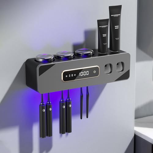 Halter für UV-Zahnbürsten-Desinfektionsmittel, UV Desinfektions Zahnbürstenhalter mit Trocknen, mit 2 Wand Badezimmer Automatischer Zahnpastaspender, LED-Touchscreen, 6 Zahnbürstenfächern-Gun Gray von TINS