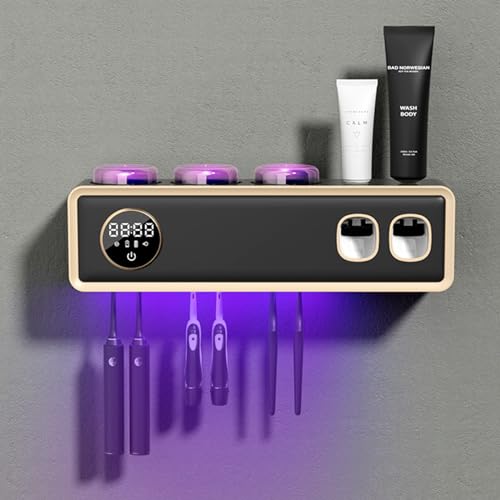 Halter für UV-Zahnbürsten-Desinfektionsmittel, UV Desinfektions Zahnbürstenhalter mit Trocknen, mit 2 Wand Badezimmer Automatischer Zahnpastaspender, LED-Touchscreen, 6 Zahnbürstenfächern-Black von TINS