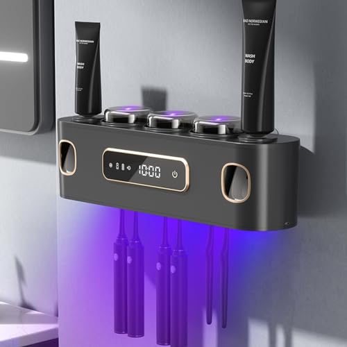 Halter für UV-Zahnbürsten-Desinfektionsmittel, UV Desinfektions Zahnbürstenhalter mit Trocknen, mit 2 Wand Badezimmer Automatischer Zahnpastaspender, LED-Touchscreen, 6 Zahnbürstenfächern-Black von TINS