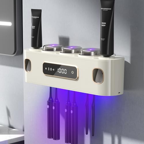 Halter für UV-Zahnbürsten-Desinfektionsmittel, UV Desinfektions Zahnbürstenhalter mit Trocknen, mit 2 Wand Badezimmer Automatischer Zahnpastaspender, LED-Touchscreen, 6 Zahnbürstenfächern-Beige von TINS
