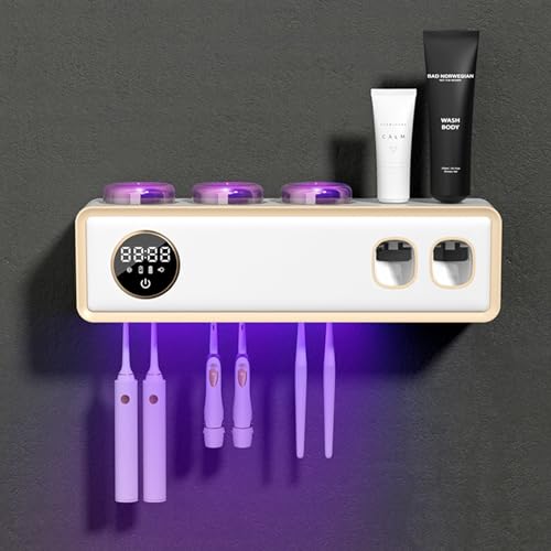 Halter für UV-Zahnbürsten-Desinfektionsmittel, UV Desinfektions Zahnbürstenhalter mit Trocknen, mit 2 Wand Badezimmer Automatischer Zahnpastaspender, LED-Touchscreen, 6 Zahnbürstenfächern-White von TINS