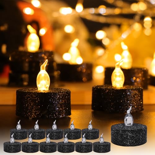 TINYOUTH 12 Stück LED Teelichter Flackernde, Deko Tisch Teelichter LED Kerzen Elektrische Teelichter, Batterien Enthalten für Hochzeitsfeier Jubiläum Verlobung Dekoration, Schwarz Glitzernd von TINYOUTH