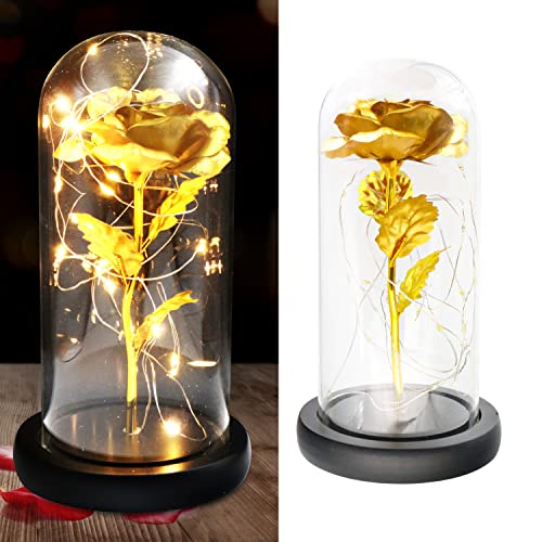 TINYOUTH Golden Rose in Glas Schwarze Basis, 24K Ewige Rose in Glas mit Beleuchtung Batterien Inklusive Schöne und das Biest Rose von TINYOUTH