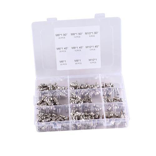 TIOMIOSEA 170 Stück Schmiernippel Sortiment Kit, Hydraulik Fettnippel, Schmiernippel Set M6 M8 M10 Gerade und Abgewinkelt 45 ° 90 ° Kegelschmiernippel mit Aufbewahrungsbox von TIOMIOSEA