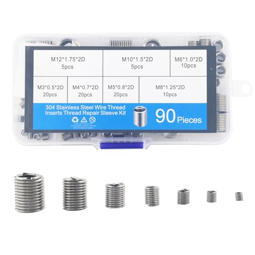 TIOMIOSEA 90 STK Helicoil Set Edelstahl Gewindereparatursatz Heli-coil Typ M3 M4 M5 M6 M8 M10 M12 Gewinde Reparatur Einsatz Sortiment für Metall Kunststoff Verarbeitenden Industrie von TIOMIOSEA