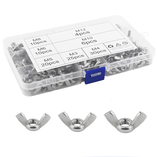 TIOMIOSEA Flügelmuttern Sortiment Kit, 105 Stück Flügelmuttern Edelstahl 304 DIN315 Flügelschrauben Wing Nut Metric Thread, für Heimwerker DIY Tools elektronische Geräte Hardware, Silber von TIOMIOSEA